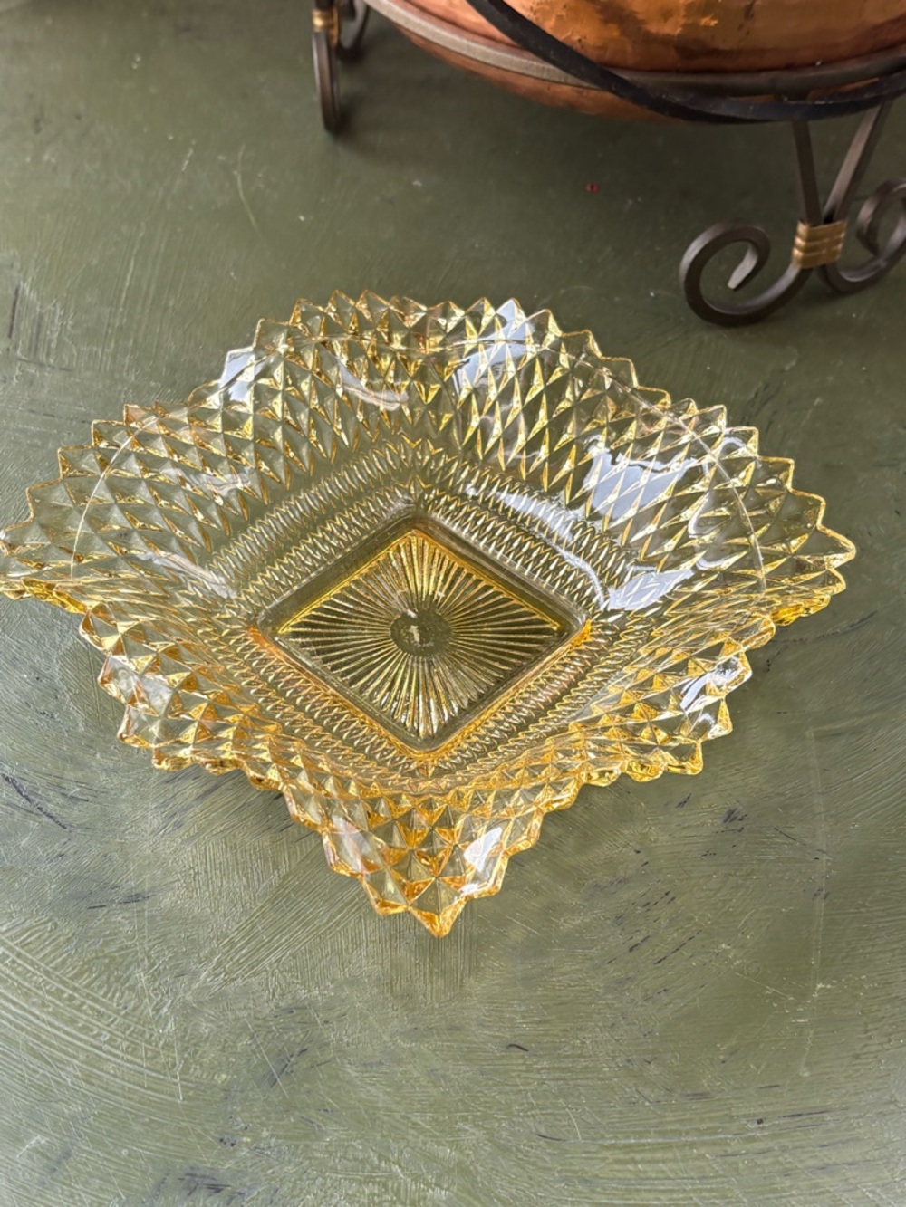 Vintage Amber Pressed Glass Square Bowl